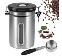 Lata de café hermética - Contenedor de café en grano de acero inoxidable de 1,8 l, recipiente de almacenamiento de café en grano al vacío con cuchara medidora, válvula de CO2 y fecha de caf (Plata)