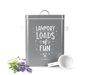 Lata de detergente en polvo de 6 l de metal, con tapa y pala, para detergente en polvo y tabletas, color gris