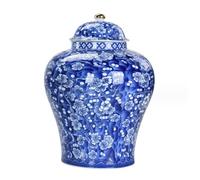 Latas de cerámica, Jarrón de porcelana Retro azul y blanco con tapa, tarro de templo chinoiserie de cerámica vidriada pintada decorativa(13.5 * 19.5cm)