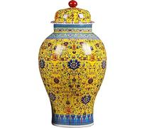 Latas de cerámica, Jarrones de cerámica amarillos, tarro de jengibre con tapa for decoración del hogar, jarrón de templo antiguo pintado a mano, tarro de templo