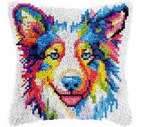 Latch hook Kit Cojín Gancho de Pestillo Graffiti Perro Border Collie Cachorro Alfombra almohada niños principiante DIY bordado Conjunto hecho mano Sofá artesanal Decoración hogarb 43x43cm, 2pcs