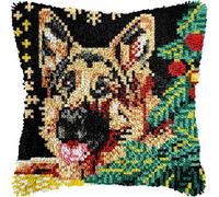 Latch hook Kit Cojín Gancho de Pestillo Perro de Navidad Pastor Alemán Negro Alfombra almohada niños principiante DIY bordado Conjunto hecho mano Sofá artesanal Decoración hogarb 43x43cm, 2pcs