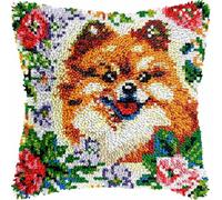 Latch hook Kit Cojín Gancho de Pestillo Pomerania Perro Cachorro Marrón Flores Alfombra almohada niños principiante DIY bordado Conjunto hecho mano Sofá artesanal Decoración hogarb 43x43cm, 1pcs