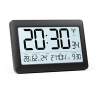 LATEC Reloj de pared digital con pantalla de temperatura y humedad, reloj digital radiocontrolado con retroiluminación, fecha, día de la semana
