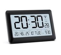 LATEC Reloj de Pared Digital, Radio Despertador con 7,5'' LCD Pantalla, Reloj Cocina Pared con Calendario/Temperatura/Semana(7 Idioma)/Retroiluminación(Baterías Incluidas), Negro