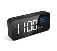 LATEC Reloj Despertador, LED Pantalla Reloj Despertador Digital con Espejo, Doble Alarma, Temperatura, Puerto de Carga USB, 10 Música, 4 Brillo Ajustable, 12/24H(Negro)