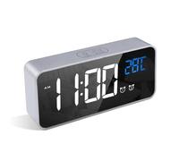 LATEC Reloj Despertador, LED Pantalla Reloj Despertador Digital con Espejo, Doble Alarma, Temperatura, Puerto de Carga USB, 10 Música, 4 Brillo Ajustable, 12/24H(Plata)