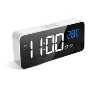 LATEC Reloj Despertador, LED Pantalla Reloj Despertador Digital con Espejo, Doble Alarma, Temperatura, Puerto de Carga USB, 10 Música, 4 Brillo Ajustable, 12/24H(Blanco)