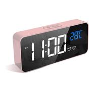 LATEC Reloj Despertador, LED Pantalla Reloj Despertador Digital con Espejo, Doble Alarma, Temperatura, Puerto de Carga USB, 10 Música, 4 Brillo Ajustable, 12/24H(Rosa)