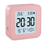 LATEC Reloj Despertador, Reloj Despertador Digital Pilas con Temperatura, Retroiluminación, 3 Volúmenes, 12/24H, Calendario, Snooze para Viajes y Dormitorio (Baterías Incluidas) (Rosa)