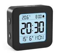 LATEC Reloj Despertador, Reloj Despertador Digital Pilas con Temperatura, Retroiluminación, 3 Volúmenes, 12/24H, Calendario, Snooze para Viajes y Dormitorio (Baterías Incluidas) (Negro)