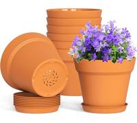 LATERN 10 Piezas Macetas de Plástico, 15CM Maceta Gruesa para Plantas Macetero para Vivero con Control de Raíces con Orificio de Drenaje y Plato para Flores Hierbas Suculentas Cactus (Terracota)