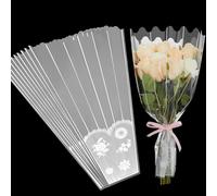 LATERN 100 Piezas Bolsa de Ramo de Flores, 45CM Bolsas de Plástico para Envolver Flores Funda de Celofán con Ramo Floral Transparente con Decoración de Tiras y Encaje (Espalda Plateada)