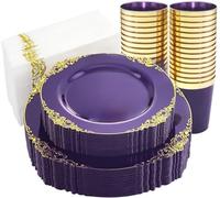 LATERN 100 Piezas Reutilizable Vajilla de Plástico de Morado y Dorado, 25 x 26CM Platos Llanos, 25 x 19CM Platos Ensalada, 25 x 300ml Vasos, 25 x 42CM Servilletas - para Boda Aniversario Garden Party