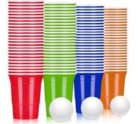 LATERN 100 Piezas Vasos de Plástico Reutilizables, 480ml Tazas de Beer Pong con 25 Copa Roja, 25 Copa Azul, 25 Copa Verde, 25 Copa Naranja, 10 Pelotas de Pingpong para Navidad Año Nuevo Fiesta Juegos