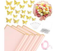 LATERN 20 Piezas Rosas Papeles de Regalo para Ramo con Borde Dorado, 100 Diamantes Ramo Alfileres, 60 3D Mariposas Doradas, Rollo de Cinta, para Valentín Madre Día Navidad Bodas (58CM x 58CM)