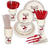 LATERN 200 Piezas Vajilla de Papel para Fiestas Navideñas, 25 x Platos de Comida & Platos de Ensalada, 25 x 270ml Tazas, 25 x Servilletas, 25 x Cuchillo, Tenedor, Cuchara y Pajitas Reutilizables