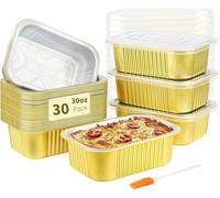 LATERN 30 Piezas Bandejas de Aluminio con Tapa, 900ml Molde de Aluminio para Hornear Recipiente para Comida para Llevar Mini Moldes para Pan para Hornear Cocinar Asar Preparar Comidas Calentar Llevar