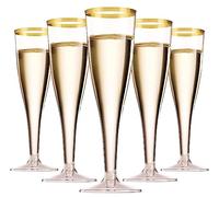 LATERN 50 Piezas Copas de Champán con Borde de Dorado, 150ml Copas de Champán de Plástico Copas de Vino de Fiesta con Tallo Reutilizables para Aniversario Bodas Jardín Fiestas (5 x 17cm)