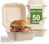 LATERN 50 Piezas Envases de Comida Tipo Almeja, 15CM x 15CM Cajas para Llevar de Bagazo 100% Compostables Alimentos Envases Desechables Bisagras Cuencos para Uso Diario Restaurantes Barbacoa Fiestap