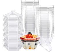 LATERN 50 Piezas Tazas de Postre de Plástico con Tapas, 100ml Tazas de Postre Hexagonales Copa de Aperitivo de Parfait Transparente Cuenco para Servir Reutilizable con Tapas para Mousse Pudín Fiesta