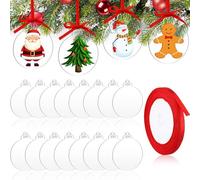LATERN 60 Piezas Adorno de Navidad Adornos de Disco de Acrílico Transparente, 10CM Redondo Adornos Planos en Blanco con Agujeros y Cinta Roja para Árbol de Navidad Fiesta Colgante Decoración
