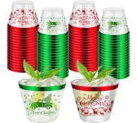 LATERN 60 Piezas Vasos para Fiestas Navideñas, 270ml Merry Christmas Copas de Plástico Reutilizables Elegantes Vasos para Vino y Cócteles con Borde Rojo y Verde para Navideñas Fiestas Decoración