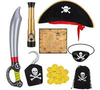 LATERN 8 Piezas Accesorios para Disfraz de Pirata con Sombrero de Pirata Calavera Huesos Cruzados Parche Espada Mapa del Tesoro Telescopio Inflable Moneda de Oro para Niños Pirata Fiesta Cosplay