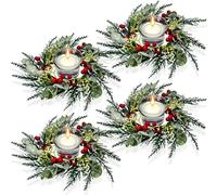 LATERN 8 Piezas Anillos de Velas Navideñas, 20CM Corona de Frutos Rojos Artificiales Anillo de Vela con Agujas de Pino Nevado para Pilares Rústico Boda Central Puerta Principal Navidad Mesa Decoración