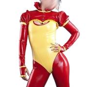 Látex Caucho Sexy Little Catsuit Mujeres Rojo y Amarillo Fresco Medias Trajes Tamaño XXS-XXL, Rojo, Segundo