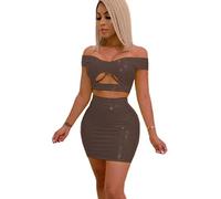 Látex PVC Moda Slim Colores Sólidos Sin Tirantes Top Corto Falda Trajes Recortados Tops Lápiz Falda Fiesta Conjunto De 2 Piezas,Marron Oscuro,4XL