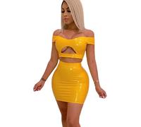 Látex PVC Moda Slim Colores Sólidos Sin Tirantes Top Corto Falda Trajes Recortados Tops Lápiz Falda Fiesta Conjunto De 2 Piezas,AMARILLO,XS