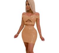 Látex PVC Moda Slim Colores Sólidos Sin Tirantes Top Corto Falda Trajes Recortados Tops Lápiz Falda Fiesta Conjunto De 2 Piezas,Marrón Claro,L