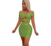 Látex PVC Moda Slim Colores Sólidos Sin Tirantes Top Corto Falda Trajes Recortados Tops Lápiz Falda Fiesta Conjunto De 2 Piezas,fruta Verde,4XL