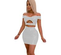 Látex PVC Moda Slim Colores Sólidos Sin Tirantes Top Corto Falda Trajes Recortados Tops Lápiz Falda Fiesta Conjunto De 2 Piezas,Plata,6XL