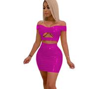 Látex PVC Moda Slim Colores Sólidos Sin Tirantes Top Corto Falda Trajes Recortados Tops Lápiz Falda Fiesta Conjunto De 2 Piezas,rosa Púrpura,SG