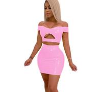 Látex PVC Moda Slim Colores Sólidos Sin Tirantes Top Corto Falda Trajes Recortados Tops Lápiz Falda Fiesta Conjunto De 2 Piezas,Rosa Claro,XXL