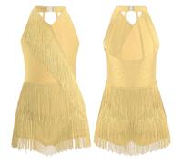 Latin Dance Cha-cha Samba Salsa Costume Rhinestones Fringe Leotard Dress Sleeveless Strappy Back Tassel Jumpsuit(Yellow,16)