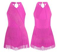 Latin Dance Cha-cha Samba Salsa Costume Rhinestones Fringe Leotard Dress Sleeveless Strappy Back Tassel Jumpsuit(Hot Pink,16)