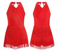 Latin Dance Cha-cha Samba Salsa Costume Rhinestones Fringe Leotard Dress Sleeveless Strappy Back Tassel Jumpsuit(Red,12)