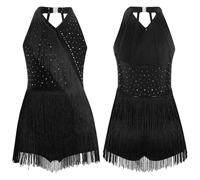 Latin Dance Cha-cha Samba Salsa Costume Rhinestones Fringe Leotard Dress Sleeveless Strappy Back Tassel Jumpsuit(Black,16)