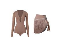 Latin Dance Clothes Autumn Winter Women Long Sleeves Leotards Tassel Straps Skirt Practice Clothing Dress(Orange,M)