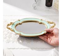 LatoYard Bandeja de resina con espejo para servir, organizador de | Bandeja decorativa ovalada blanca, elegante para maquillaje y perfumes