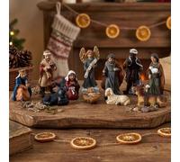 LatoYard Juego de 11 figuras de resina para pesebre de Jesús | 11 figuras de resina para belén de bebé, Jesús, establo, animales