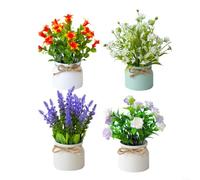 LatoYard Juego de 4 pequeñas plantas artificiales en maceta, flores falsas vibrantes con lazos, 8 x 19 cm, centros de mesa de bajo mantenimiento (B)