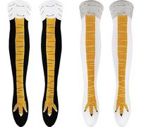 LATRAT 2 Pares de Calcetines de Pie de Gallina Hasta la Rodilla, de Pájaro y Patas de Gallo para Halloween - Mujeres y Niñas - Negro, Blanco, Negro + Amarillo