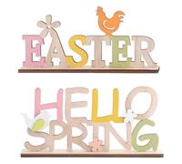 LATRAT 2 unidades de madera con texto en inglés "Easter Hello Spring con pájaros", flores, primavera, Pascua, fiesta, festival, decoración del hogar, salón, dormitorio