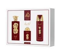 Lattafa Pride Ansaam Gold - Juego de regalo de 3 piezas (EDP de 100 ml + spray corporal perfumado de 200 ml + EDP de viaje de 20 ml + botella recargable) - Fragancia de larga duración para mujer