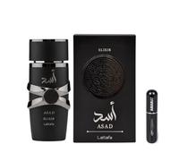 Lattafa Asad Elixir Eau de Parfum 100 ml, Perfume Árabe para Hombre de Larga Duración, Incluye Atomizador Recargable 5 ml, Fragancia Masculina con Notas Cálidas, Especiadas y Amaderadas (Asad Elixir)