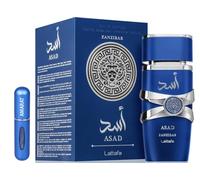 Lattafa Asad Zanzibar EDP 100 ml, Perfume Árabe para Hombre de Larga Duración Incluye Atomizador, Fragancia fresca tropical y especiada con cítricos frutas exóticas ámbar y maderas (Zanzibar)